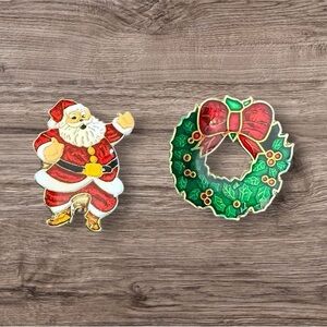 Vintage Christmas Wreath Brooch & Jolly Santa Claus Brooch